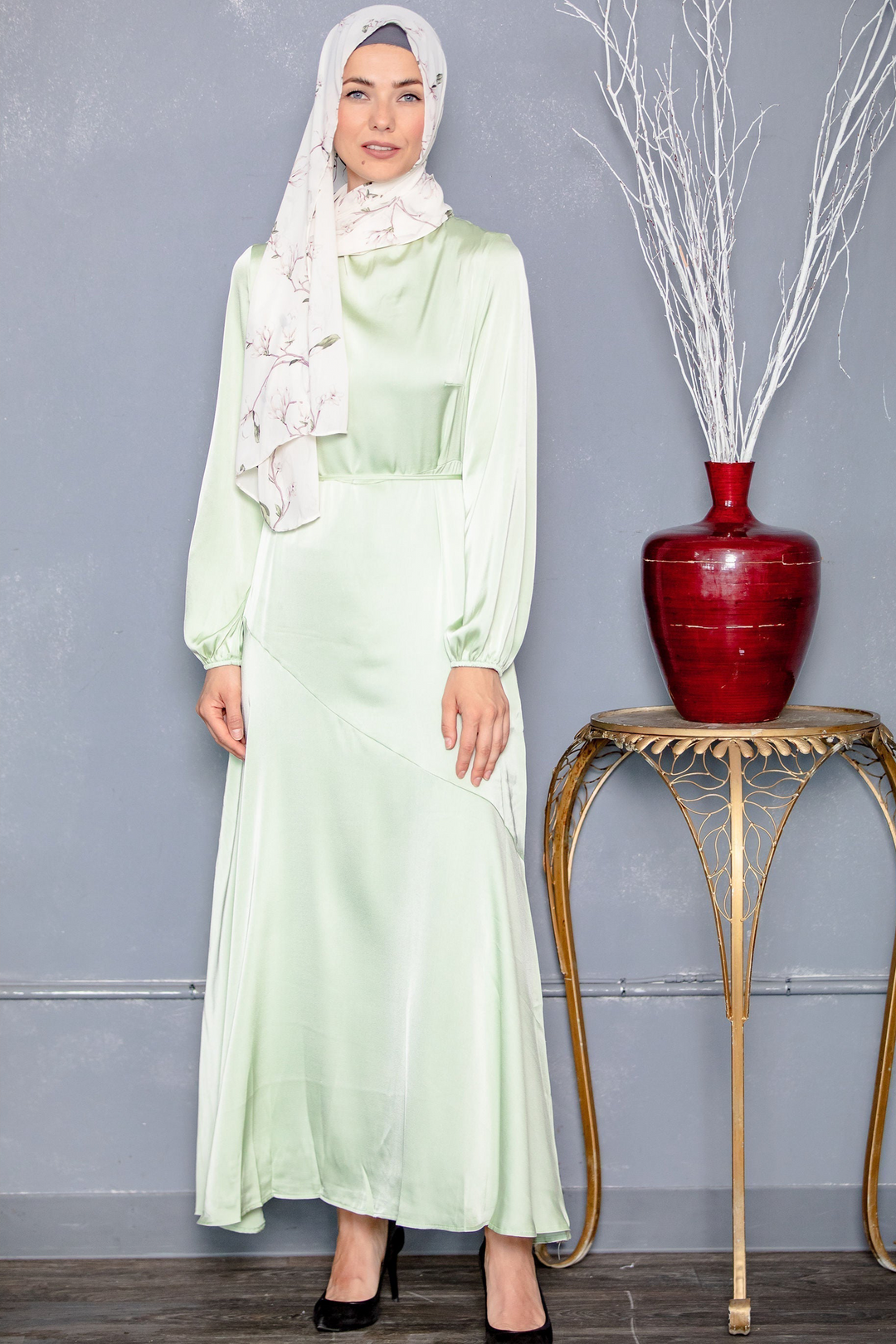 Sage Green Satin Long Sleeve Maxi Dress-CLEARANCE