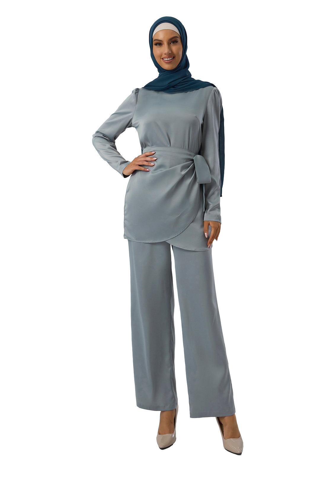 Sage Green Satin Side Wrap Tunic & Pant Set-CLEARANCE