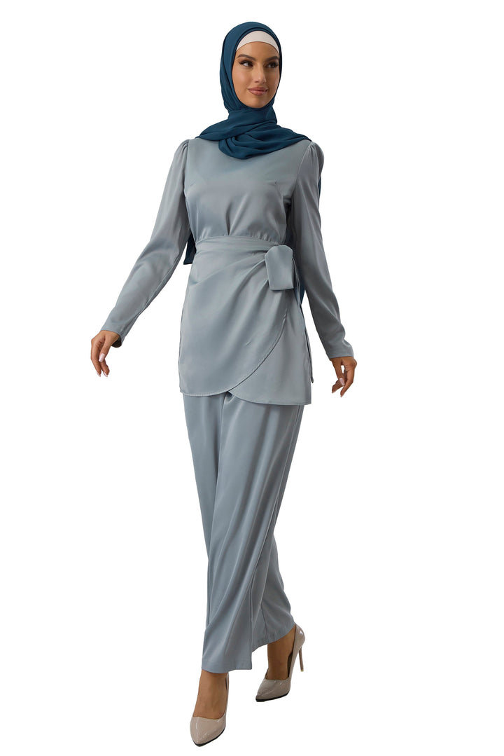 Sage Green Satin Side Wrap Tunic & Pant Set-CLEARANCE