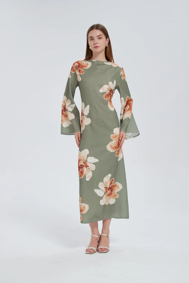 Sage Hibiscus Kimono Sleeves Maxi Dress