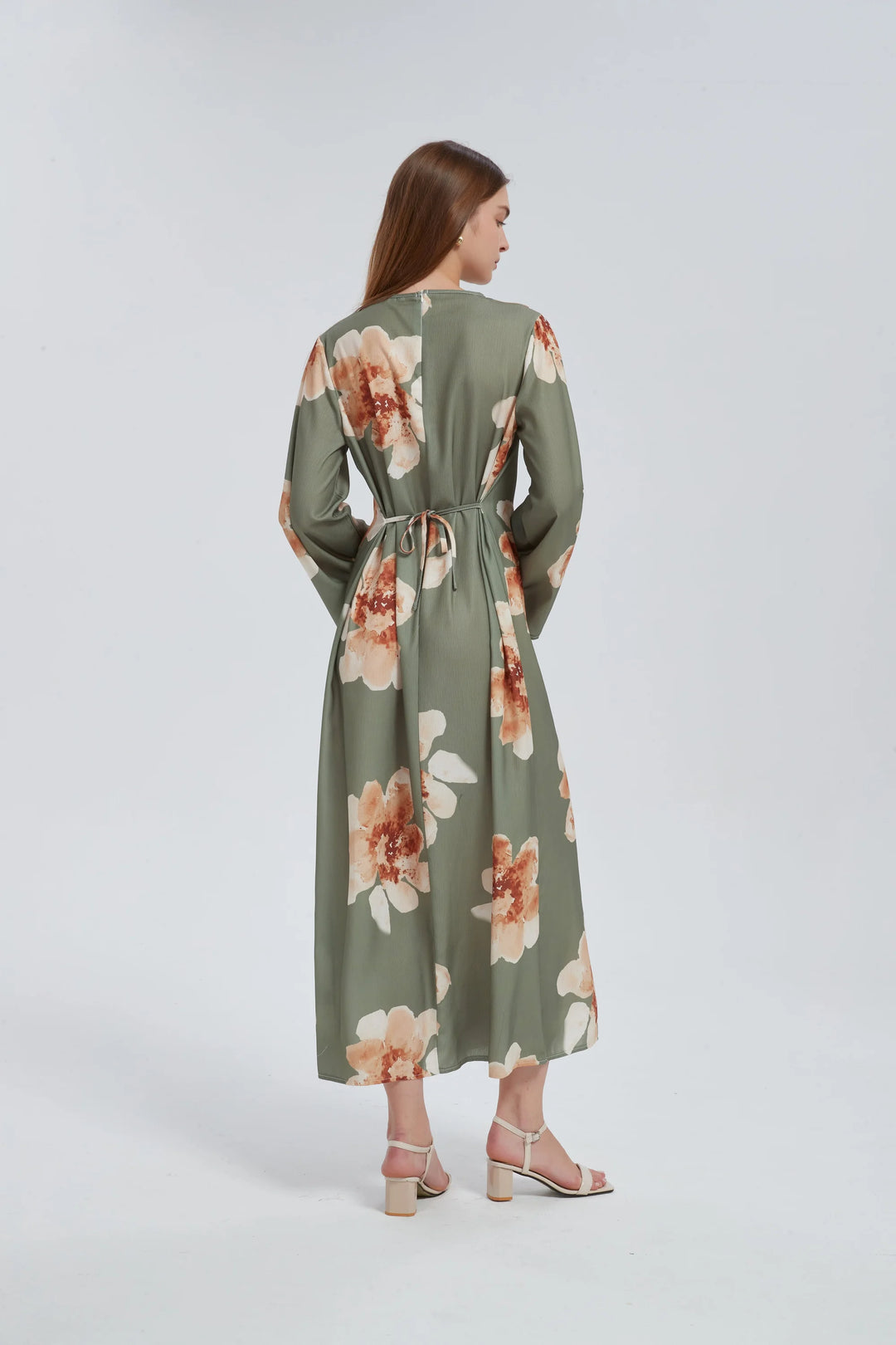 Sage Hibiscus Kimono Sleeves Maxi Dress