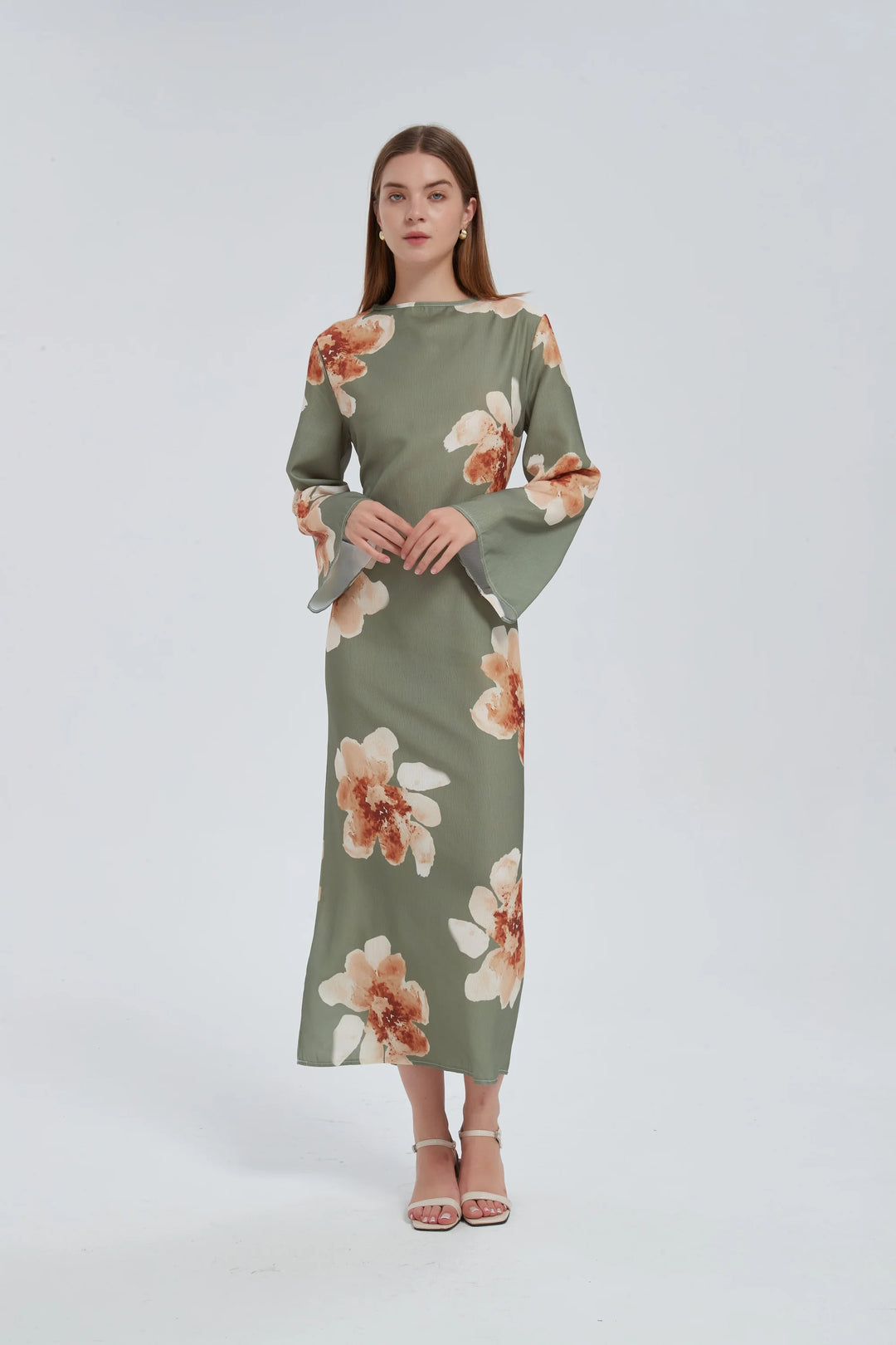 Sage Hibiscus Kimono Sleeves Maxi Dress