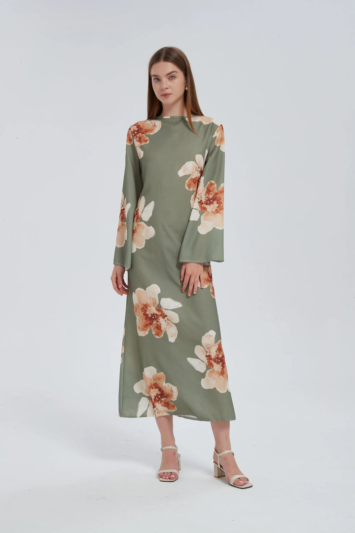 Sage Hibiscus Kimono Sleeves Maxi Dress