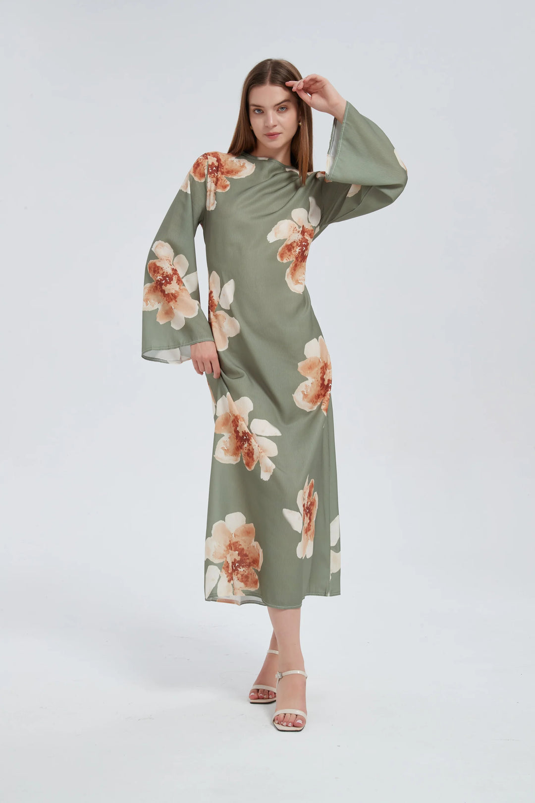 Sage Hibiscus Kimono Sleeves Maxi Dress
