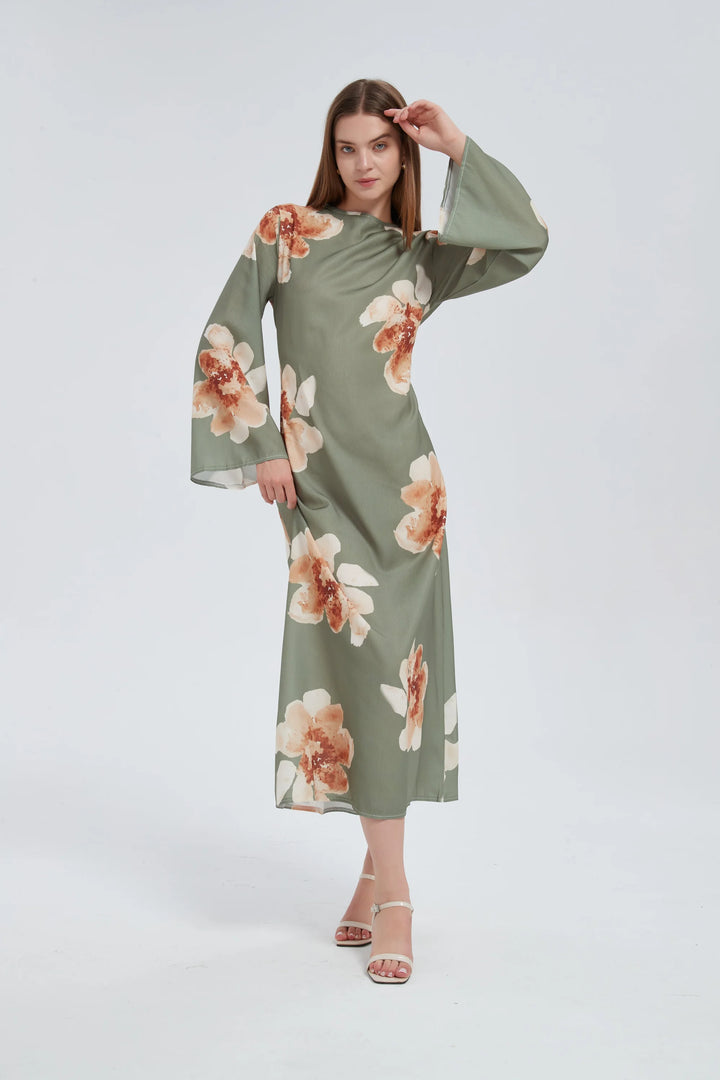 Sage Hibiscus Kimono Sleeves Maxi Dress