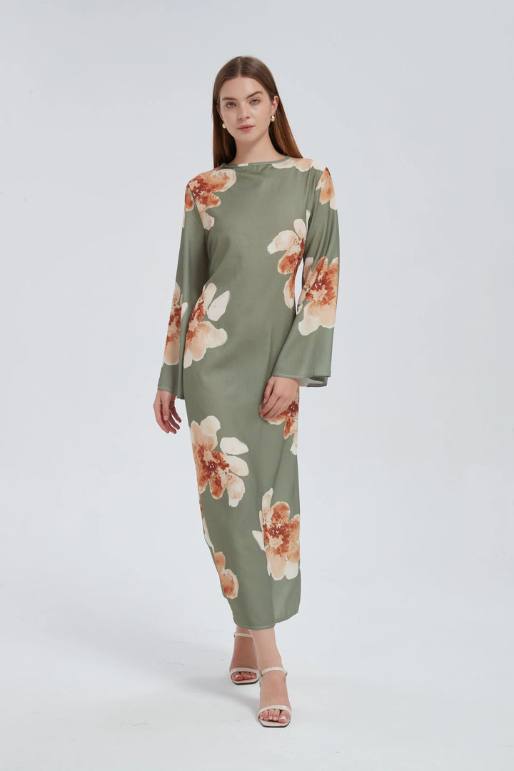 Sage Hibiscus Kimono Sleeves Maxi Dress
