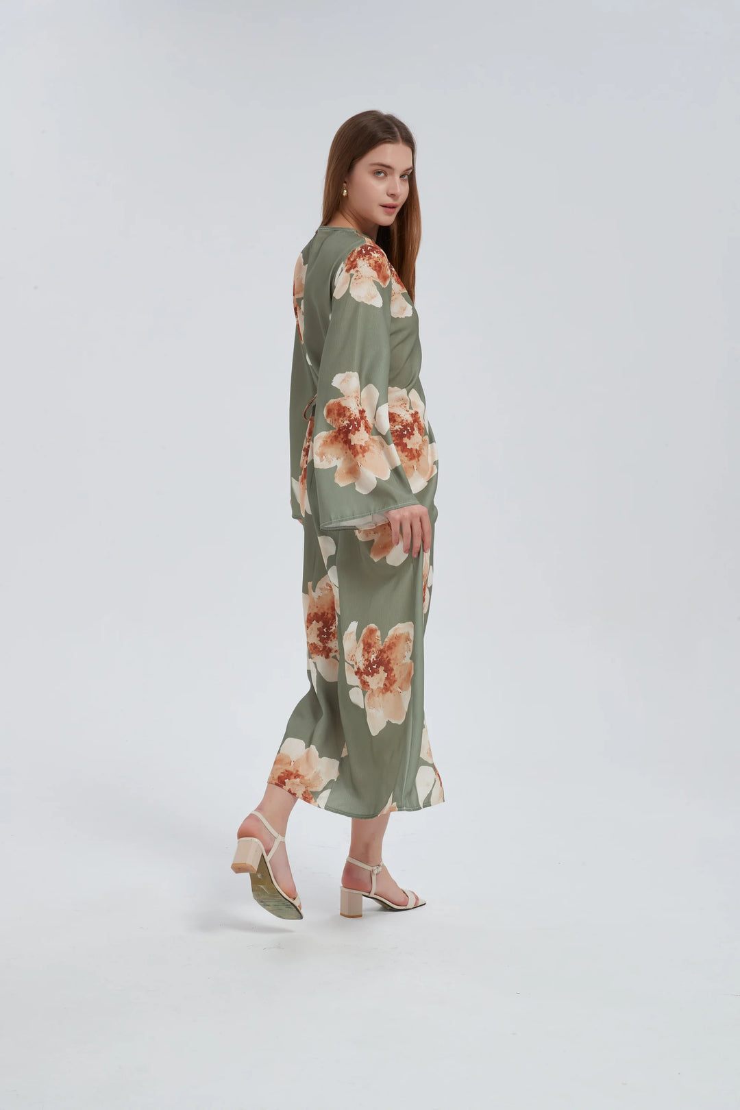 Sage Hibiscus Kimono Sleeves Maxi Dress
