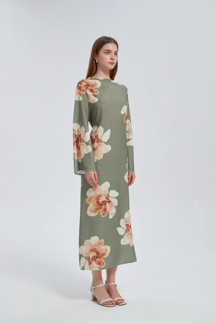 Sage Hibiscus Kimono Sleeves Maxi Dress