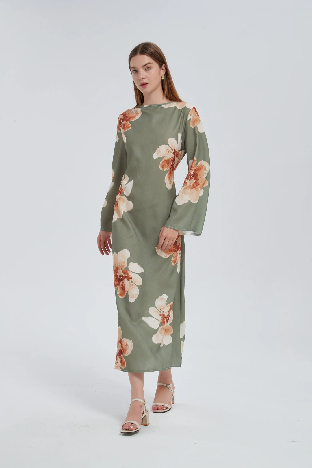Sage Hibiscus Kimono Sleeves Maxi Dress
