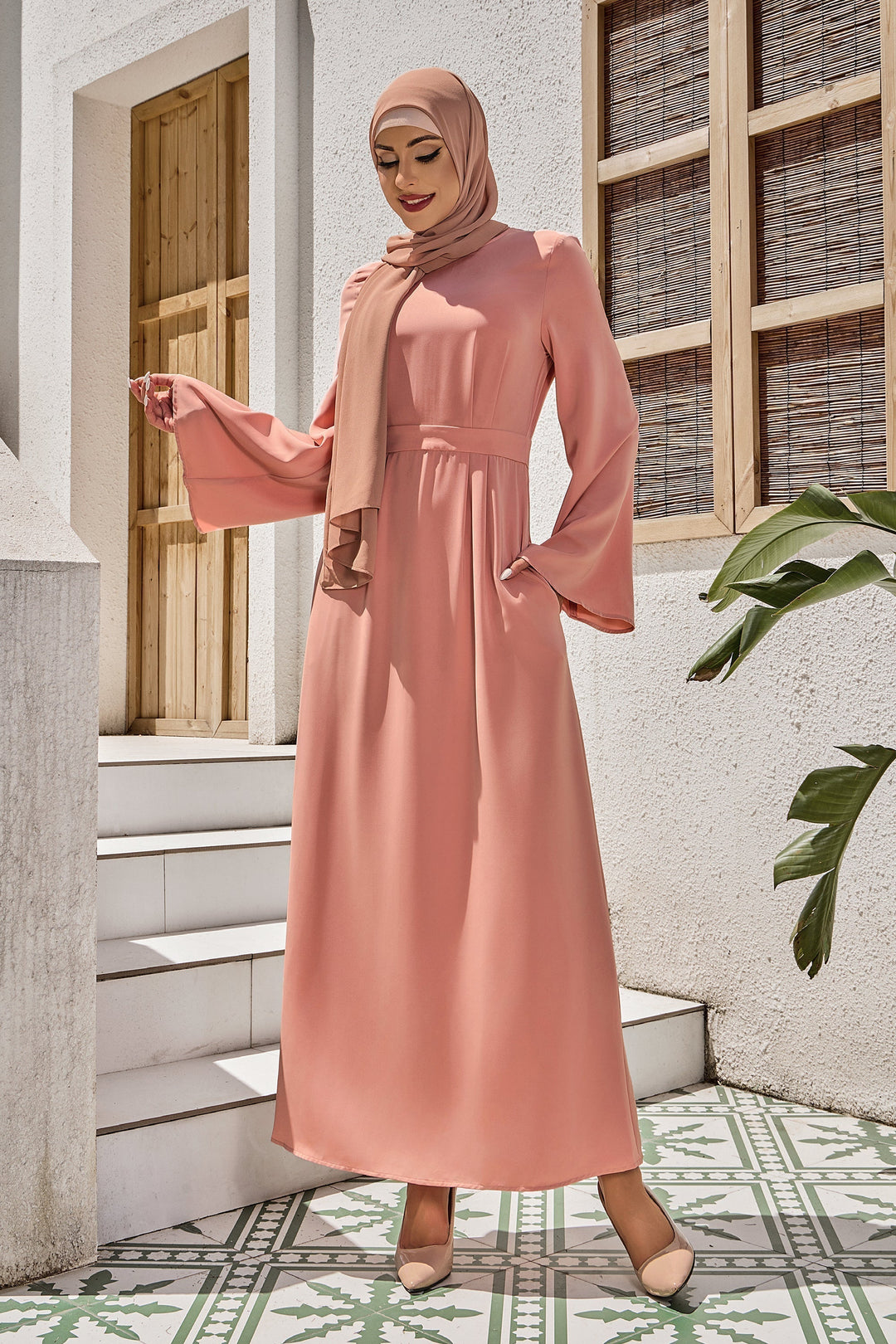 Salmon Satin Kimono Sleeves Maxi Dress-CLEARANCE