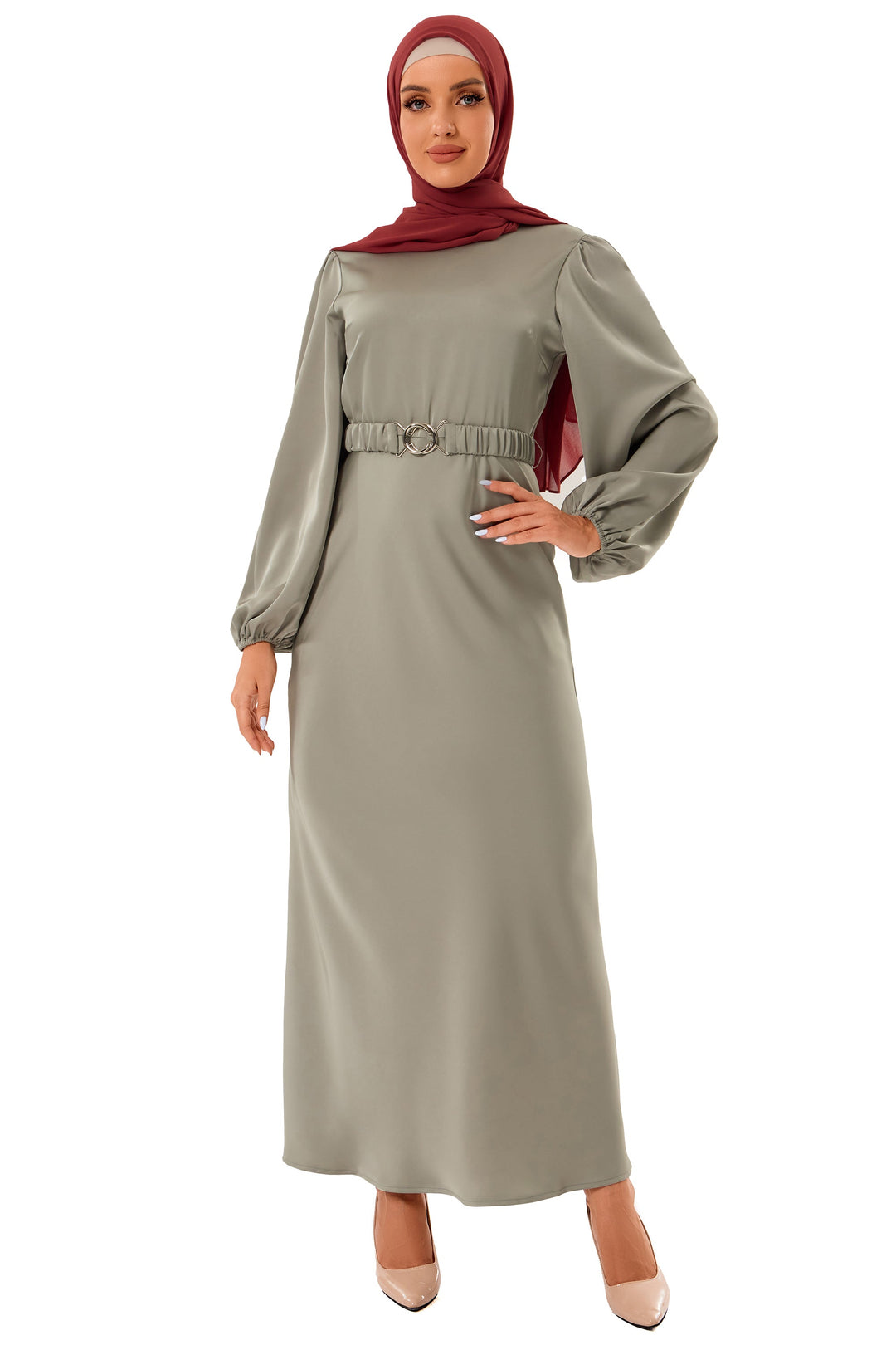 Satin Metal Buckle Belt Maxi Dress (More Color Available)-CLEARANCE - Urban Modesty