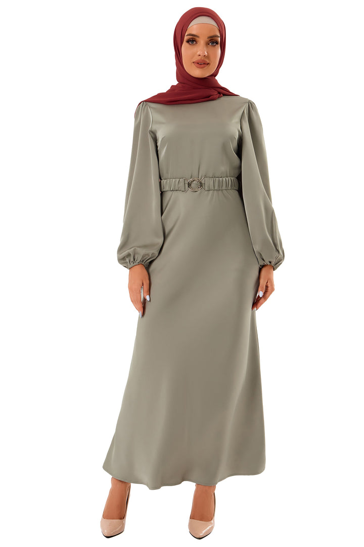 Satin Metal Buckle Belt Maxi Dress (More Color Available)-CLEARANCE - Urban Modesty