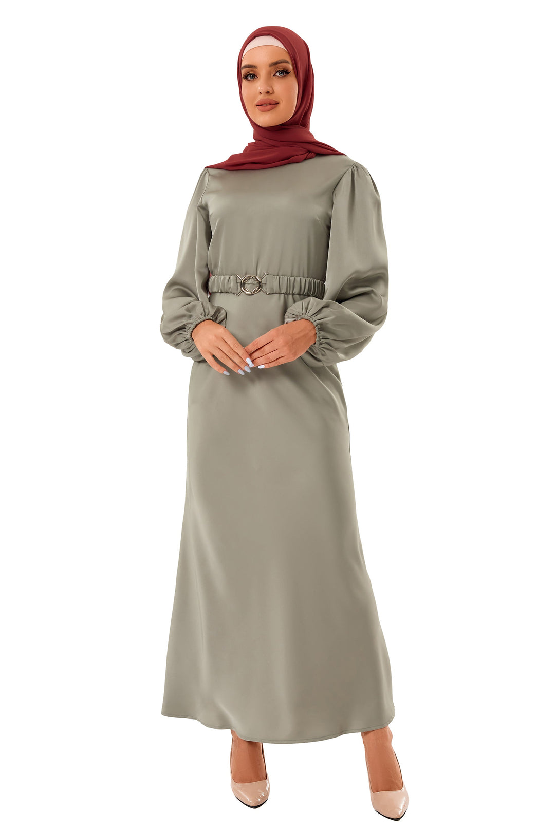 Satin Metal Buckle Belt Maxi Dress (More Color Available)-CLEARANCE - Urban Modesty