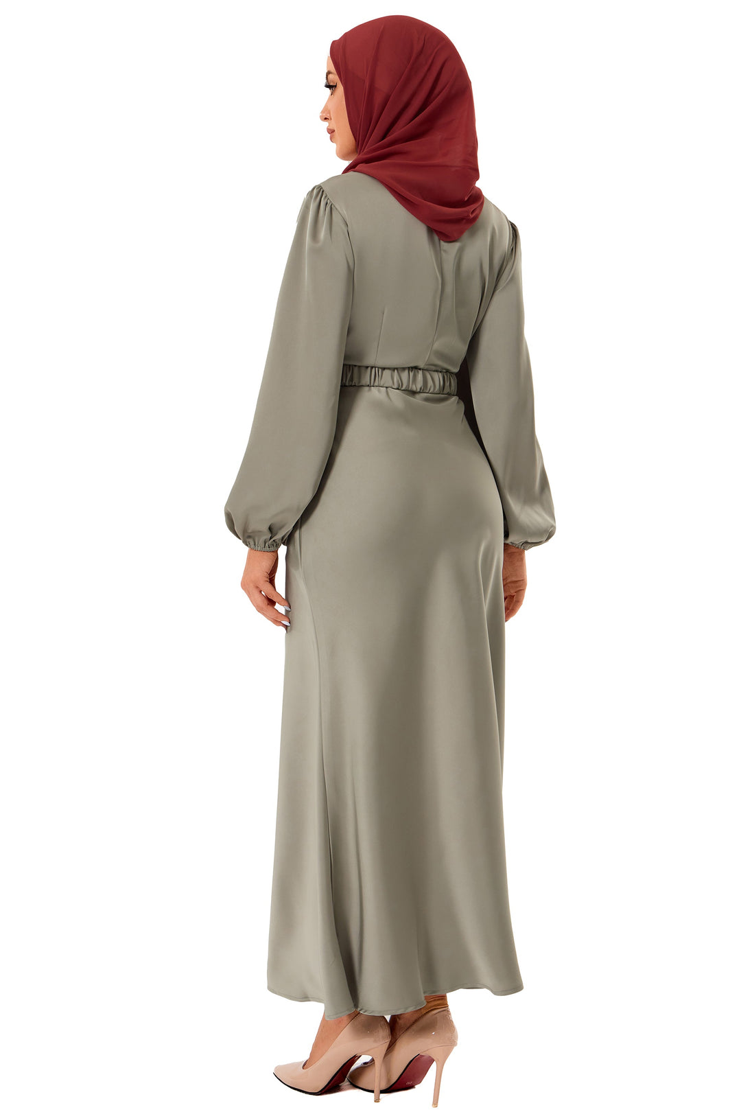 Satin Metal Buckle Belt Maxi Dress (More Color Available)-CLEARANCE - Urban Modesty