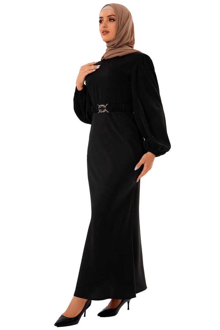 Satin Metal Buckle Belt Maxi Dress (More Color Available)-CLEARANCE - Urban Modesty