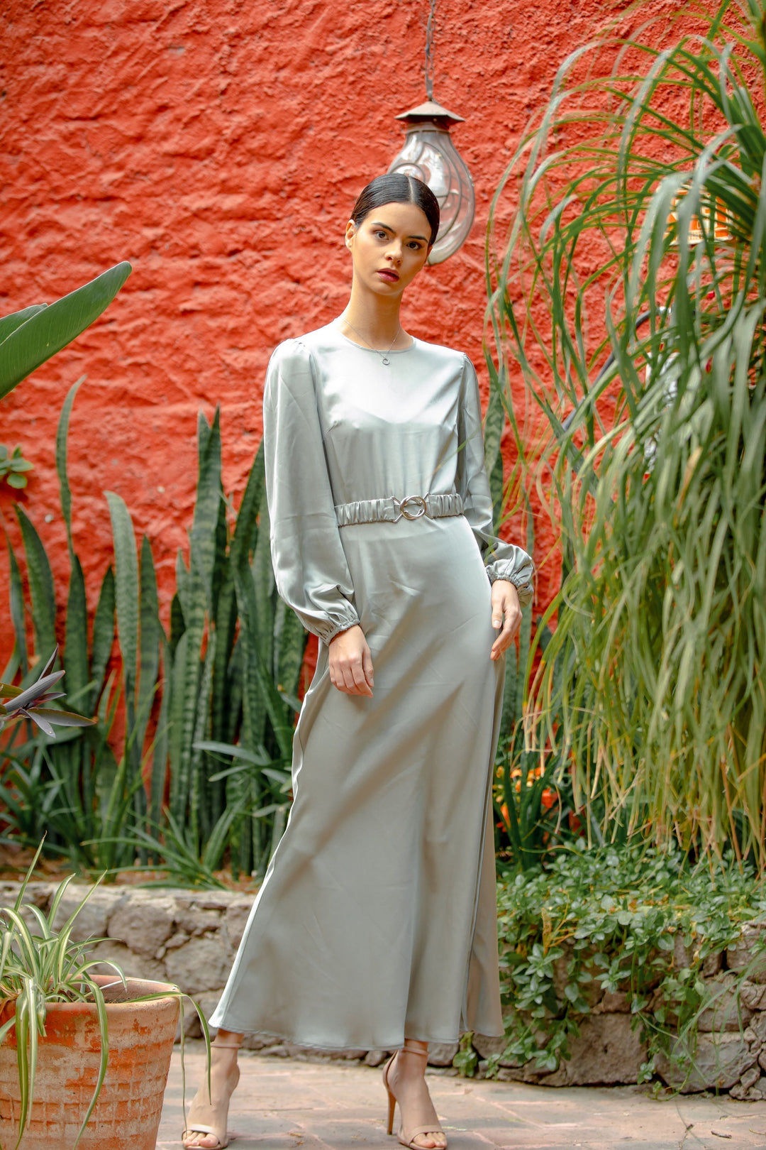 Satin Metal Buckle Belt Maxi Dress (More Color Available)-CLEARANCE - Urban Modesty