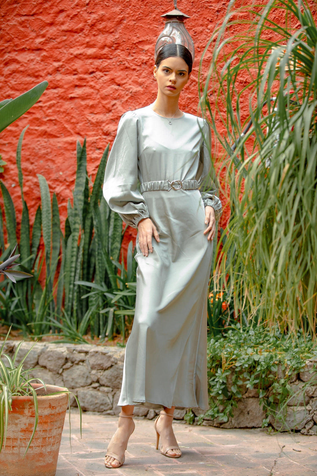 Satin Metal Buckle Belt Maxi Dress (More Color Available)-CLEARANCE - Urban Modesty