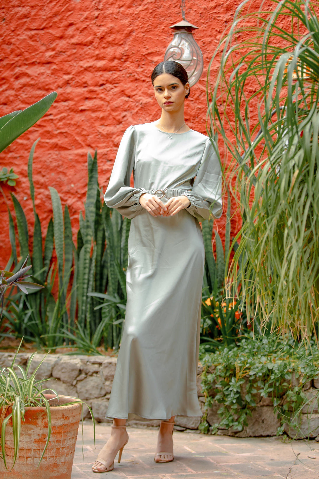 Satin Metal Buckle Belt Maxi Dress (More Color Available)-CLEARANCE - Urban Modesty