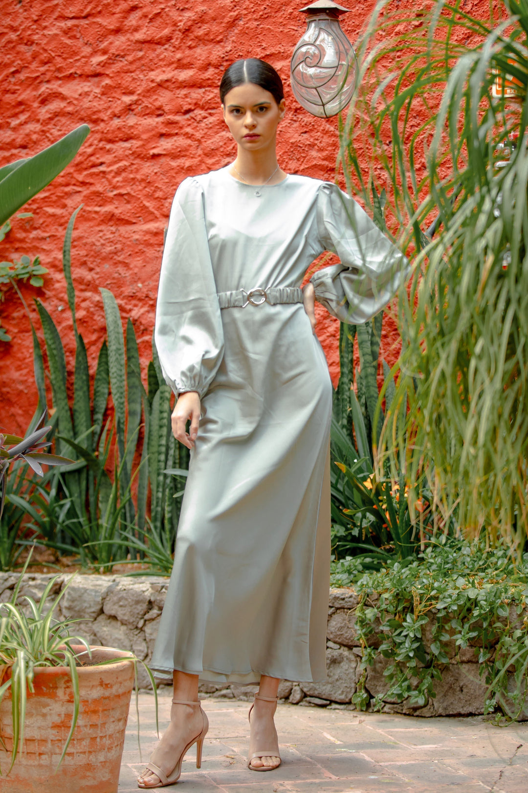 Satin Metal Buckle Belt Maxi Dress (More Color Available)-CLEARANCE - Urban Modesty