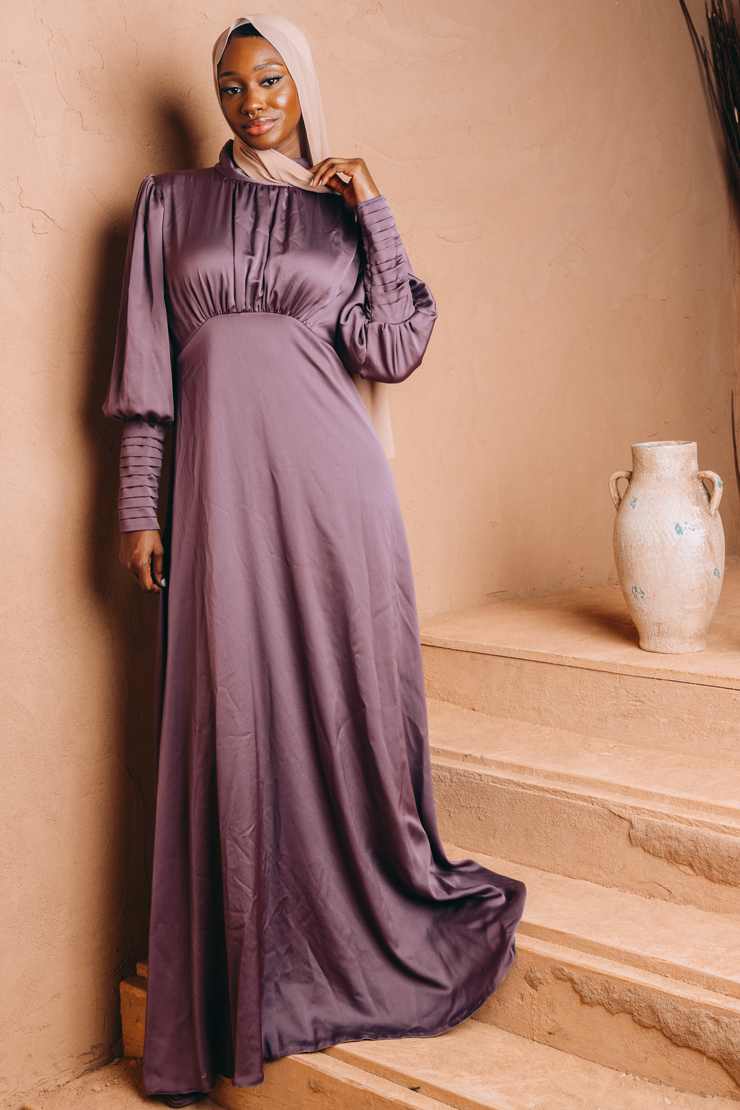 Satin Ruched Top and Sleeves Gown-CLEARANCE