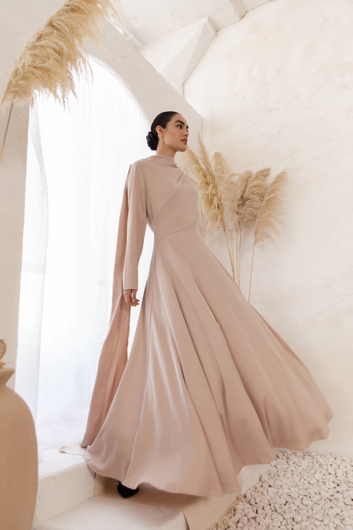 Satin Shoulder Cape Long Sleeve Gown