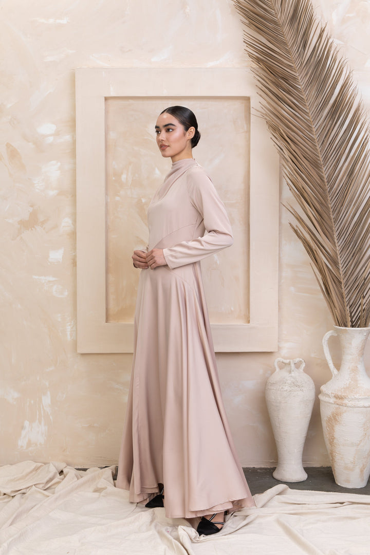 Satin Shoulder Cape Long Sleeve Gown