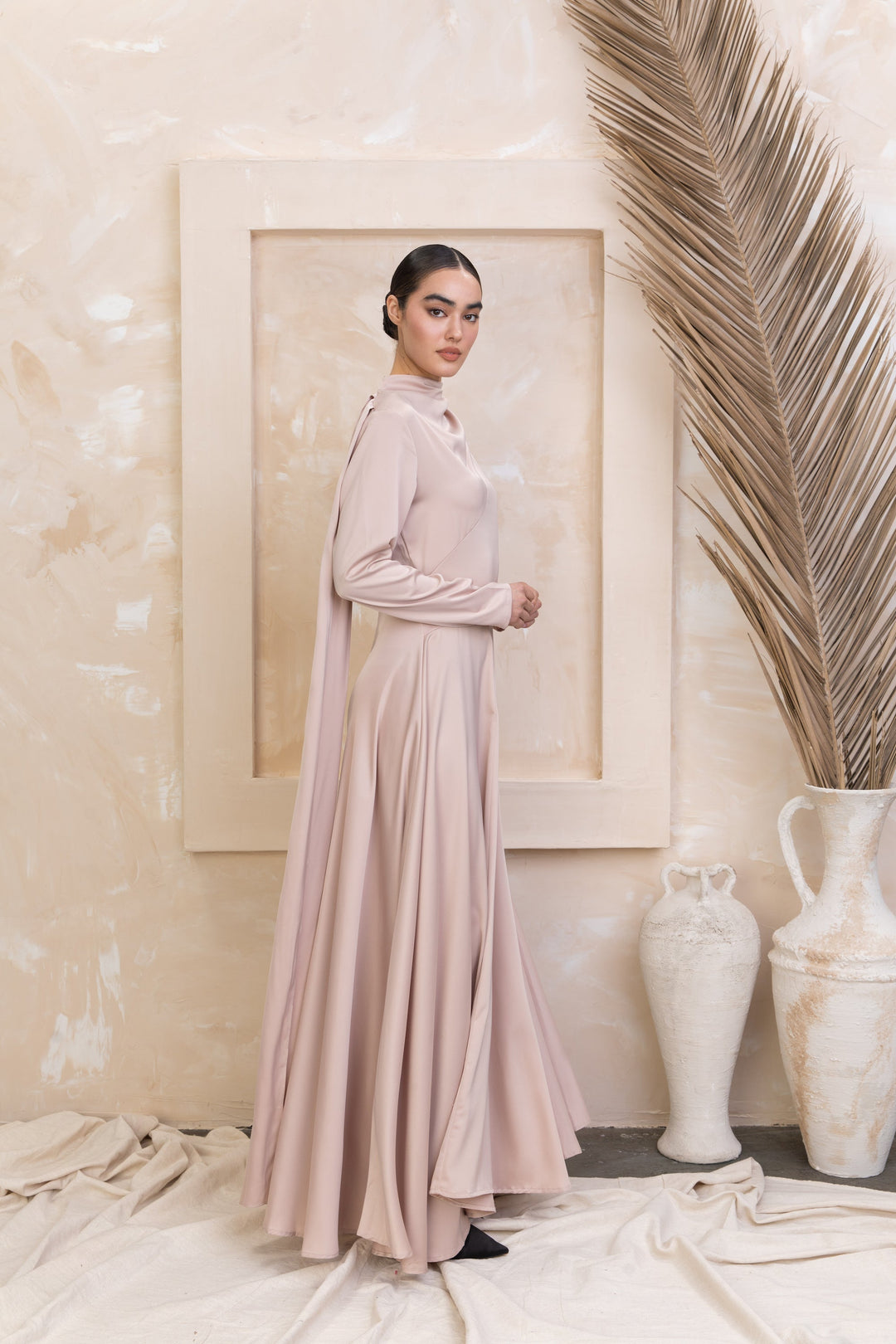 Satin Shoulder Cape Long Sleeve Gown