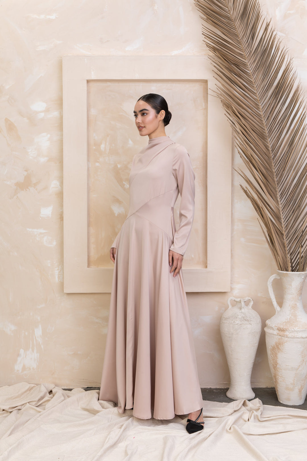 Satin Shoulder Cape Long Sleeve Gown