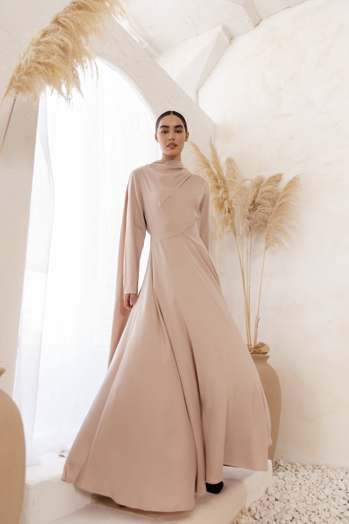 Satin Shoulder Cape Long Sleeve Gown