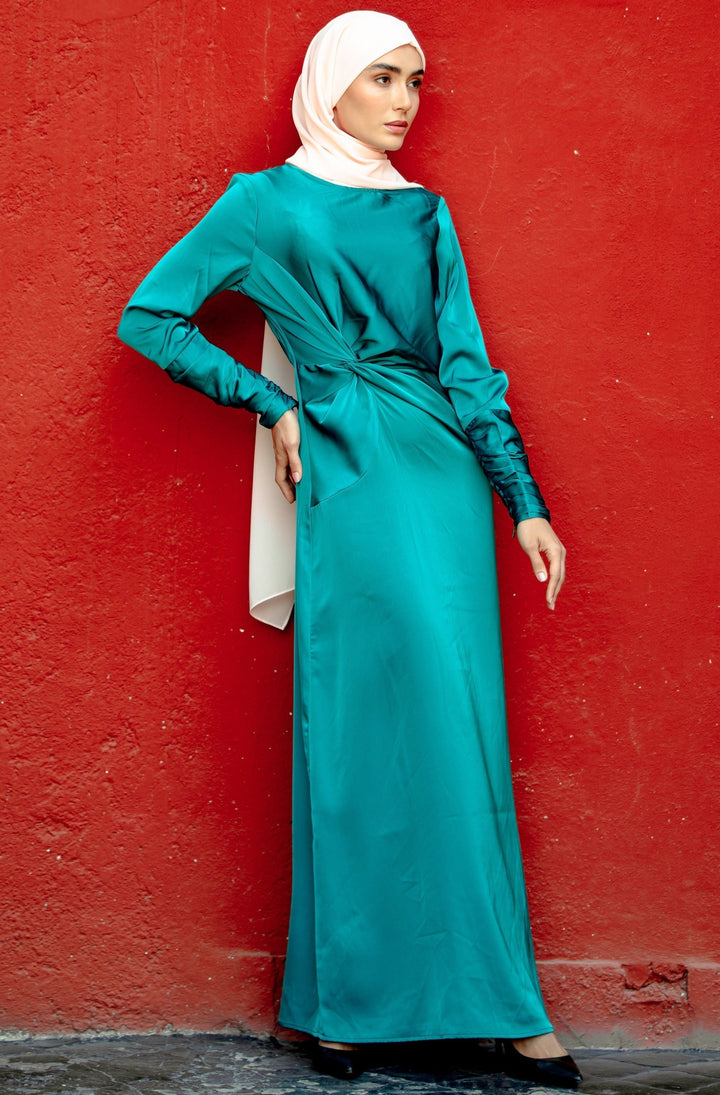 Satin Side Knot Ruched Sleeves Maxi Dress-CLEARANCE