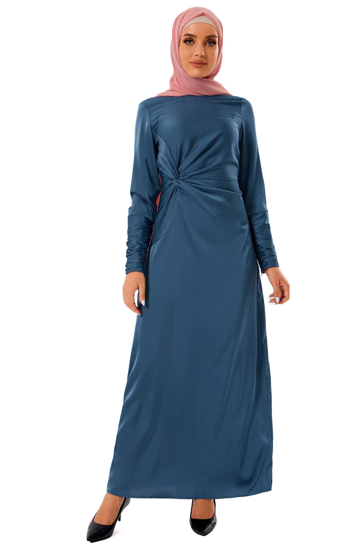 Satin Side Knot Ruched Sleeves Maxi Dress-CLEARANCE