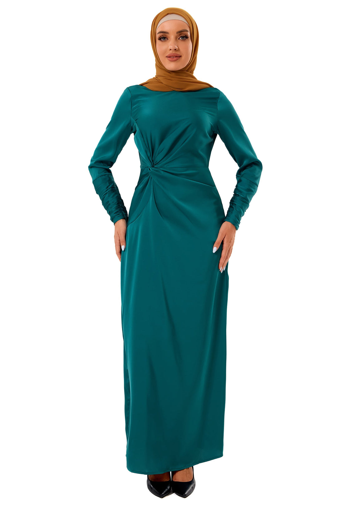 Satin Side Knot Ruched Sleeves Maxi Dress-CLEARANCE