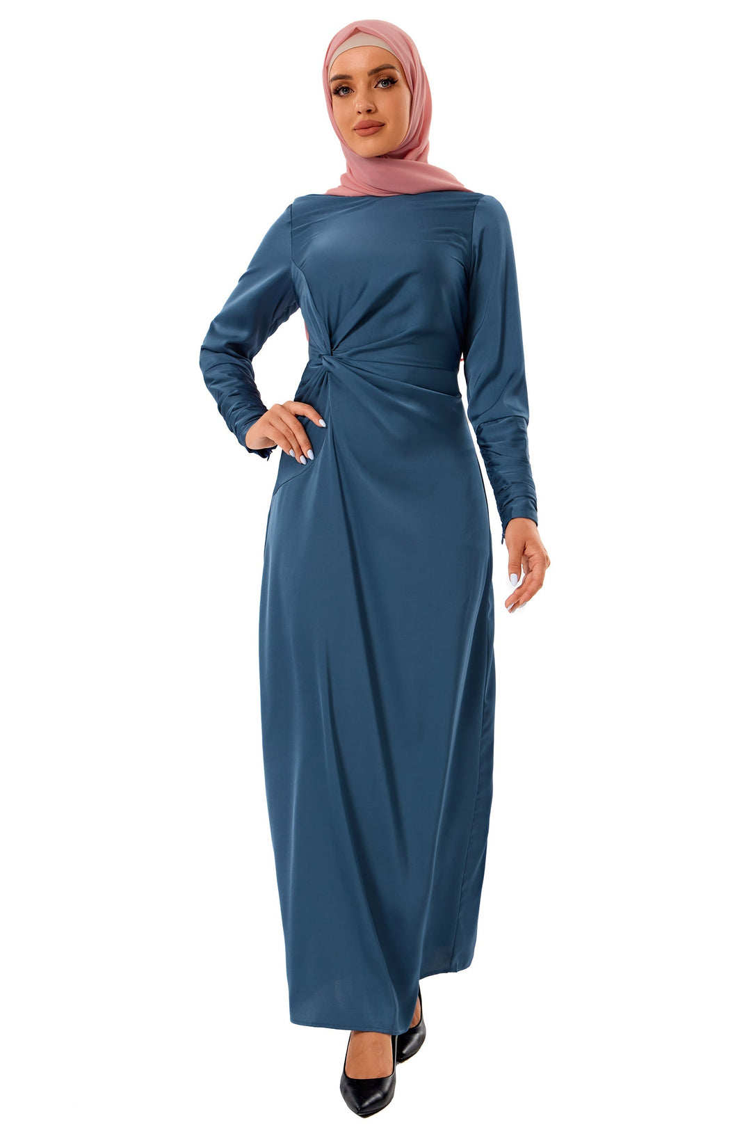 Satin Side Knot Ruched Sleeves Maxi Dress-CLEARANCE