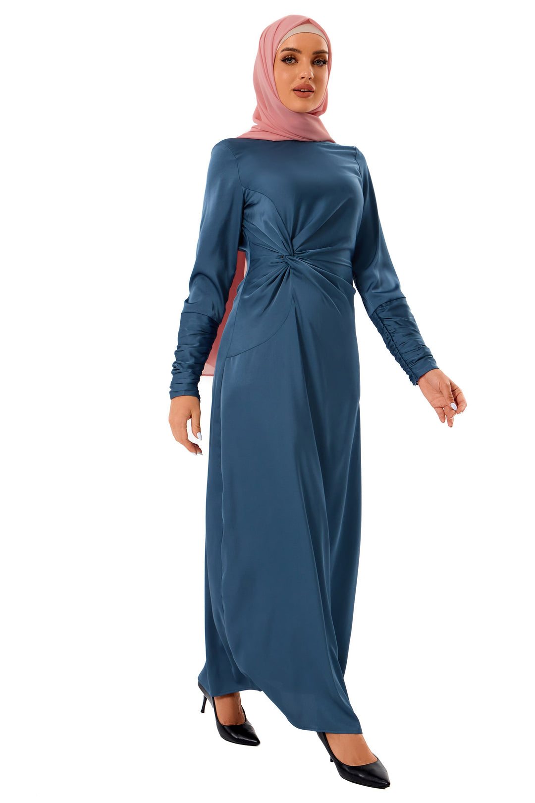 Satin Side Knot Ruched Sleeves Maxi Dress-CLEARANCE