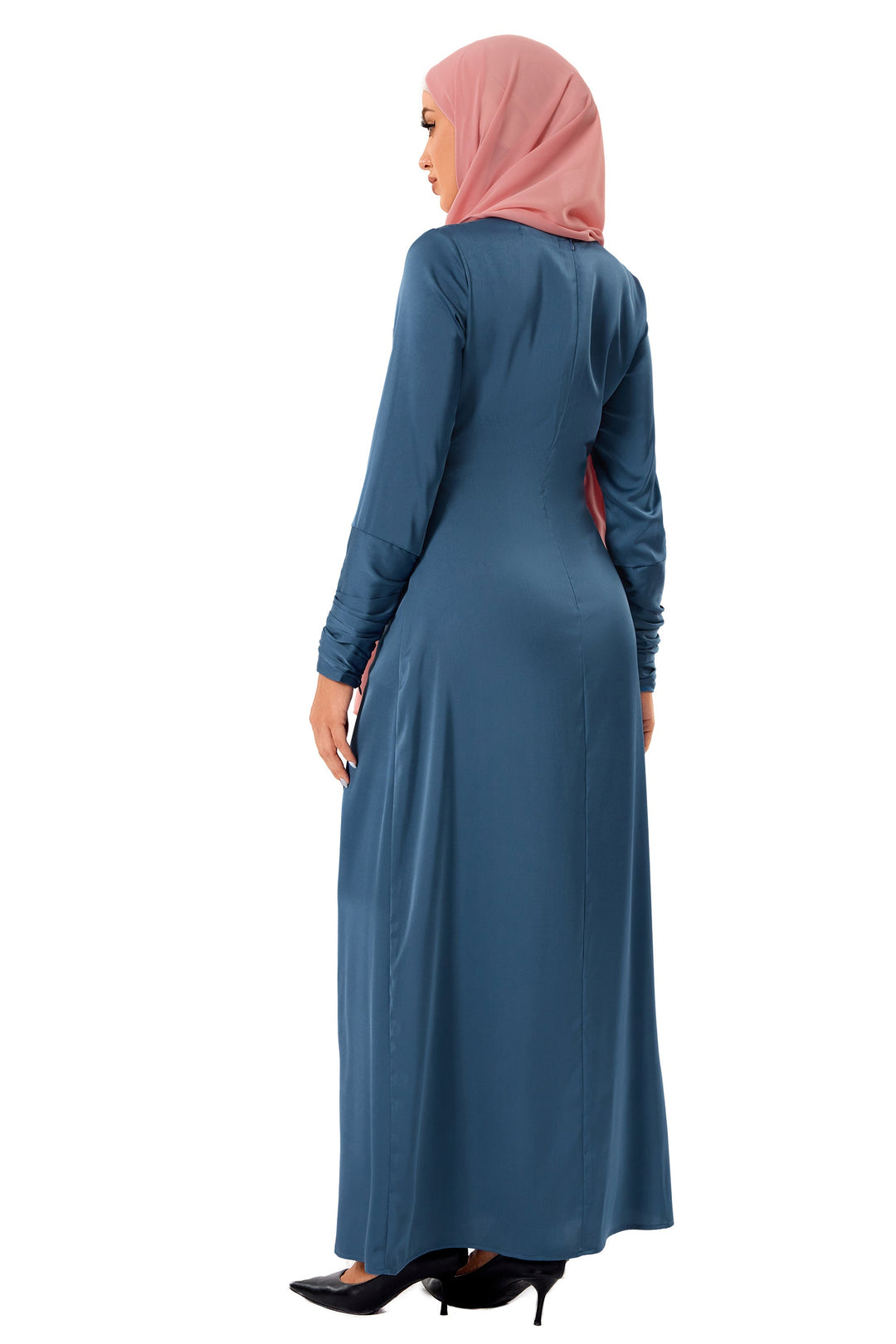 Satin Side Knot Ruched Sleeves Maxi Dress-CLEARANCE