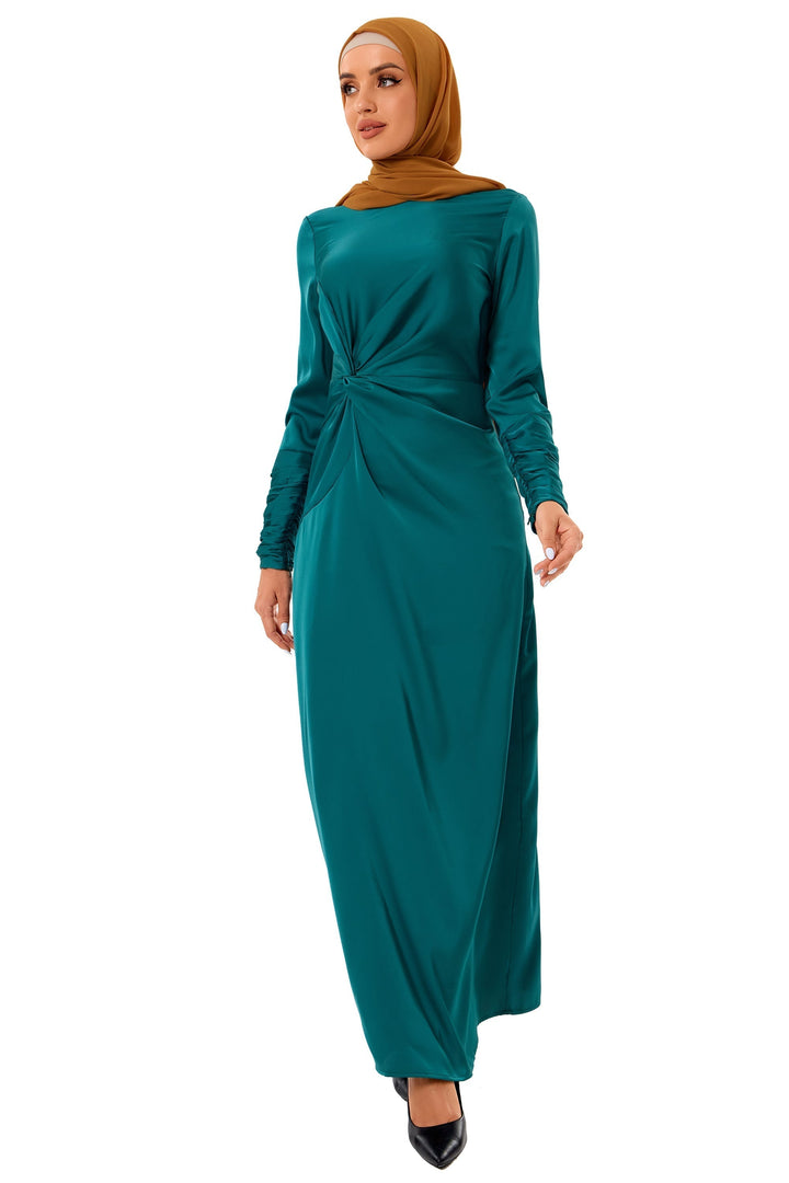 Satin Side Knot Ruched Sleeves Maxi Dress-CLEARANCE