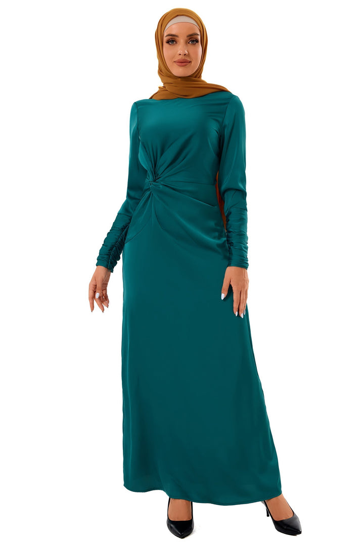 Satin Side Knot Ruched Sleeves Maxi Dress-CLEARANCE