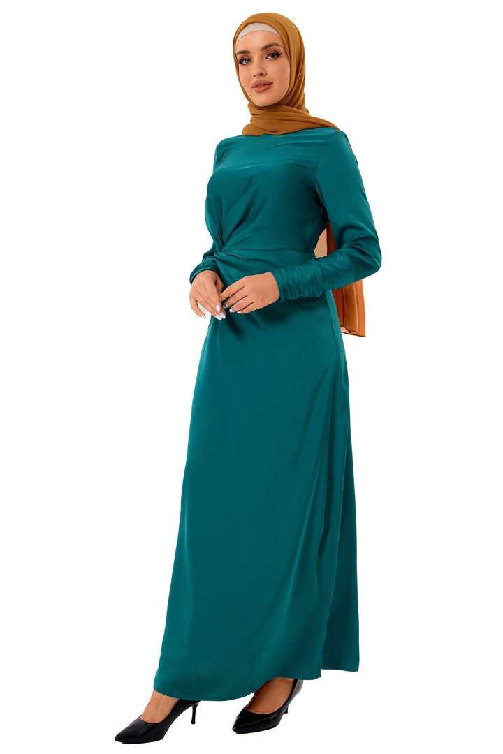 Satin Side Knot Ruched Sleeves Maxi Dress-CLEARANCE