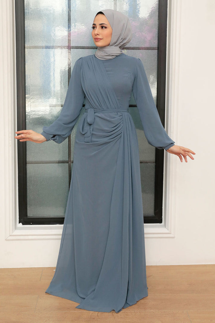 Side Draped Grecian Chiffon Long Sleeve Gown