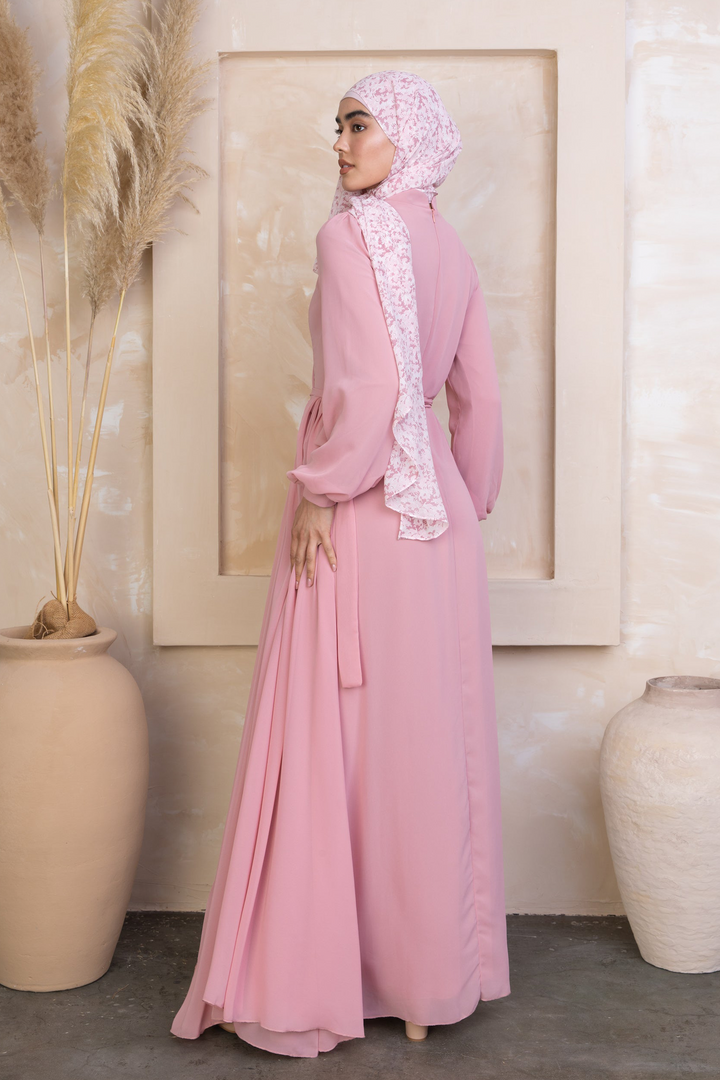 Side Draped Grecian Chiffon Long Sleeve Gown