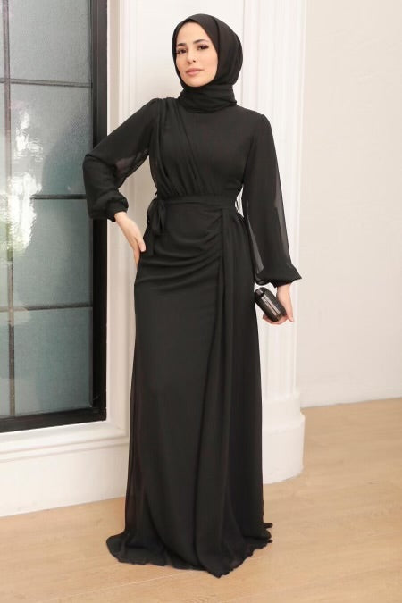 Side Draped Grecian Chiffon Long Sleeve Gown