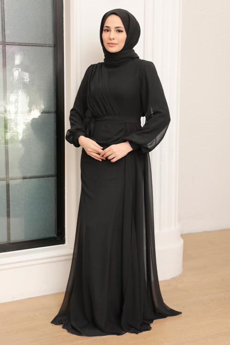 Side Draped Grecian Chiffon Long Sleeve Gown