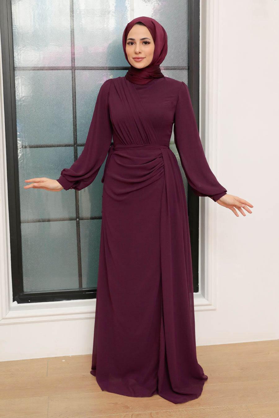 Side Draped Grecian Chiffon Long Sleeve Gown