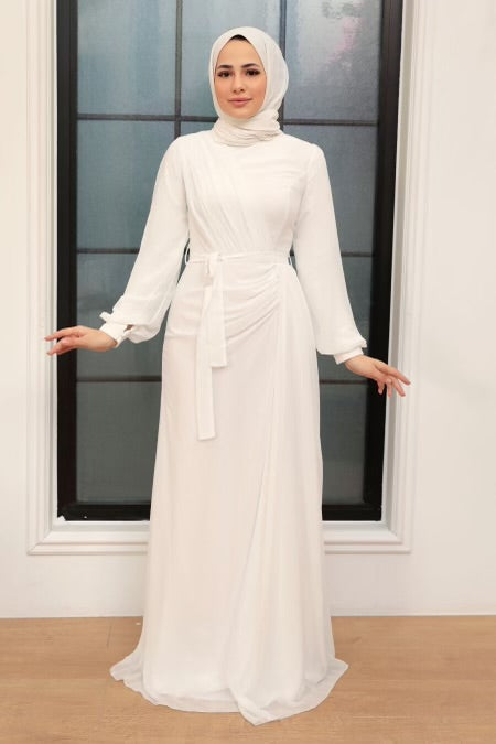 Side Draped Grecian Chiffon Long Sleeve Gown