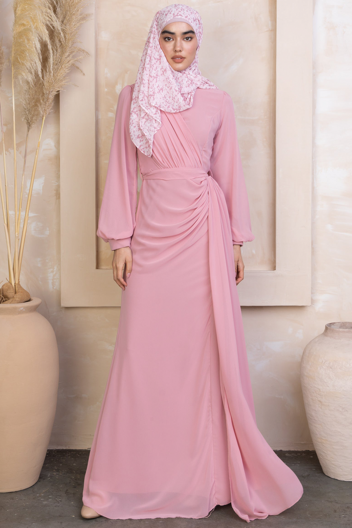 Side Draped Grecian Chiffon Long Sleeve Gown