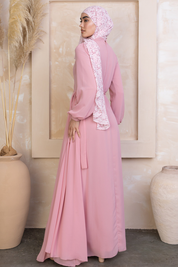 Side Draped Grecian Chiffon Long Sleeve Gown