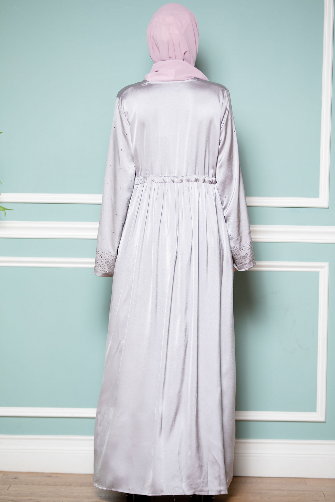 Silver Satin Drawstring Open Front Abaya-CLEARANCE