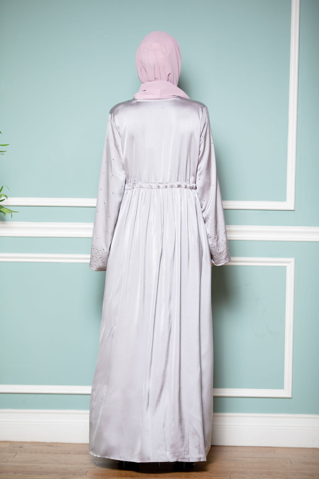 Silver Satin Drawstring Open Front Abaya-CLEARANCE