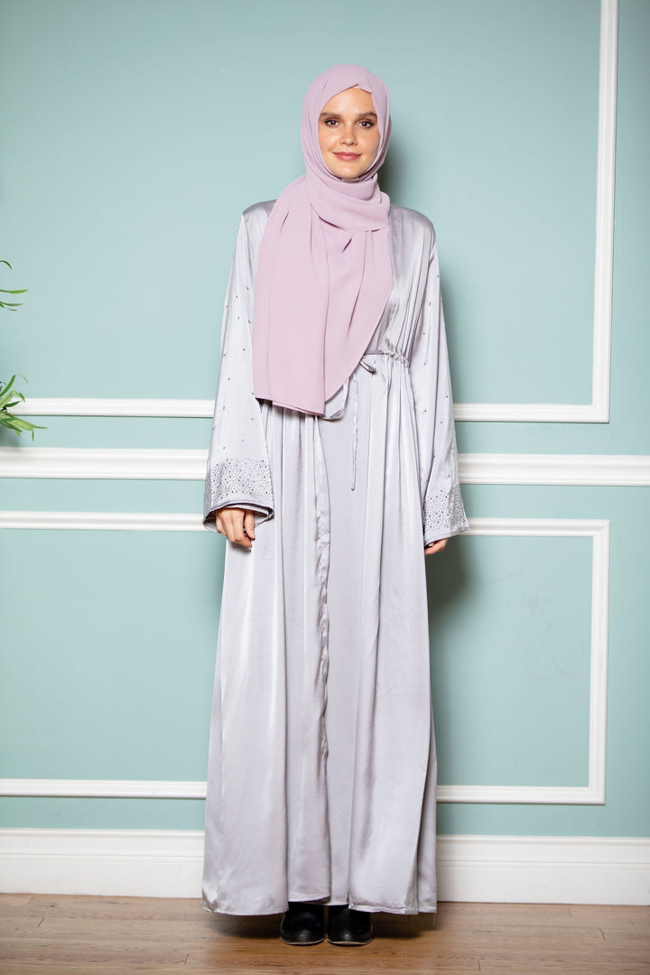 Silver Satin Drawstring Open Front Abaya-CLEARANCE