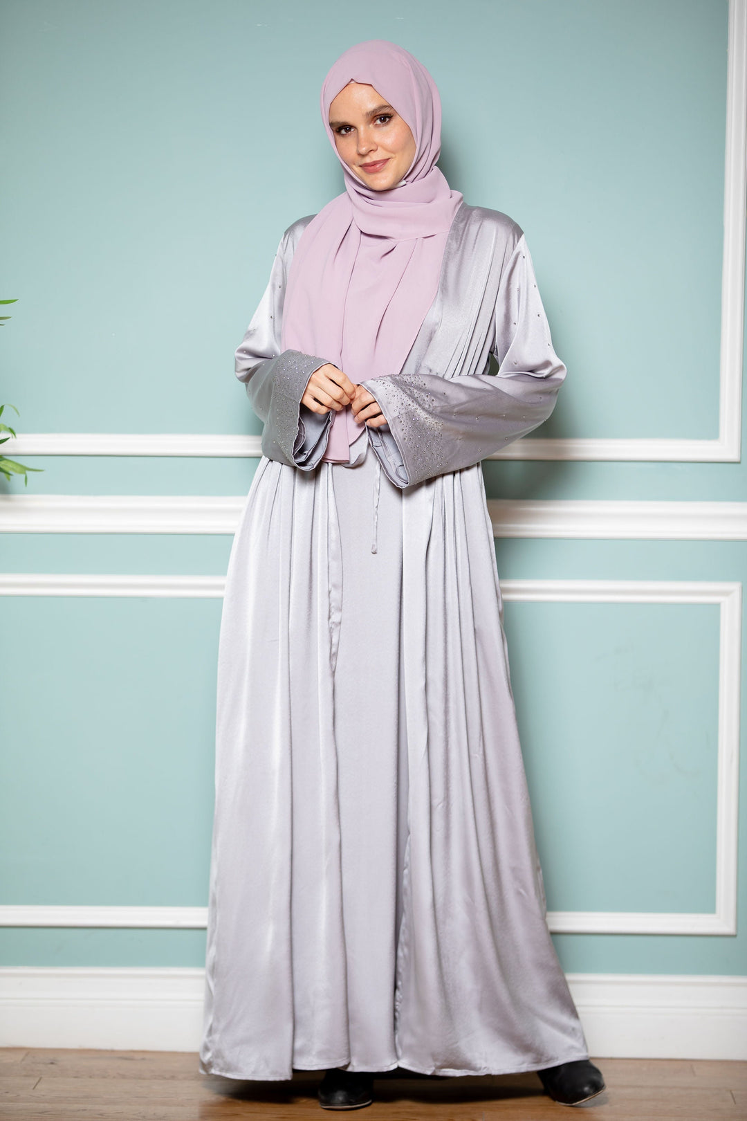 Silver Satin Drawstring Open Front Abaya-CLEARANCE